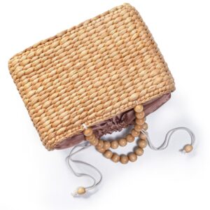 Beaded Straw Handbag – Water Hyacinth Top Handle Bag with Wooden Beads