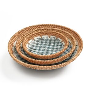 Rattan and Ceramic Snack Dishes, Set of 3 – Decorative Serving Bowls
