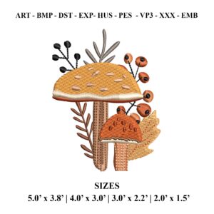 Autumn Mushroom Embroidery Design – Fall Leaves and Berries Machine Embroidery File