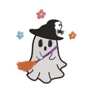 Floral Halloween Ghost Embroidery Design – Cute Ghost with Broomstick Machine Embroidery File