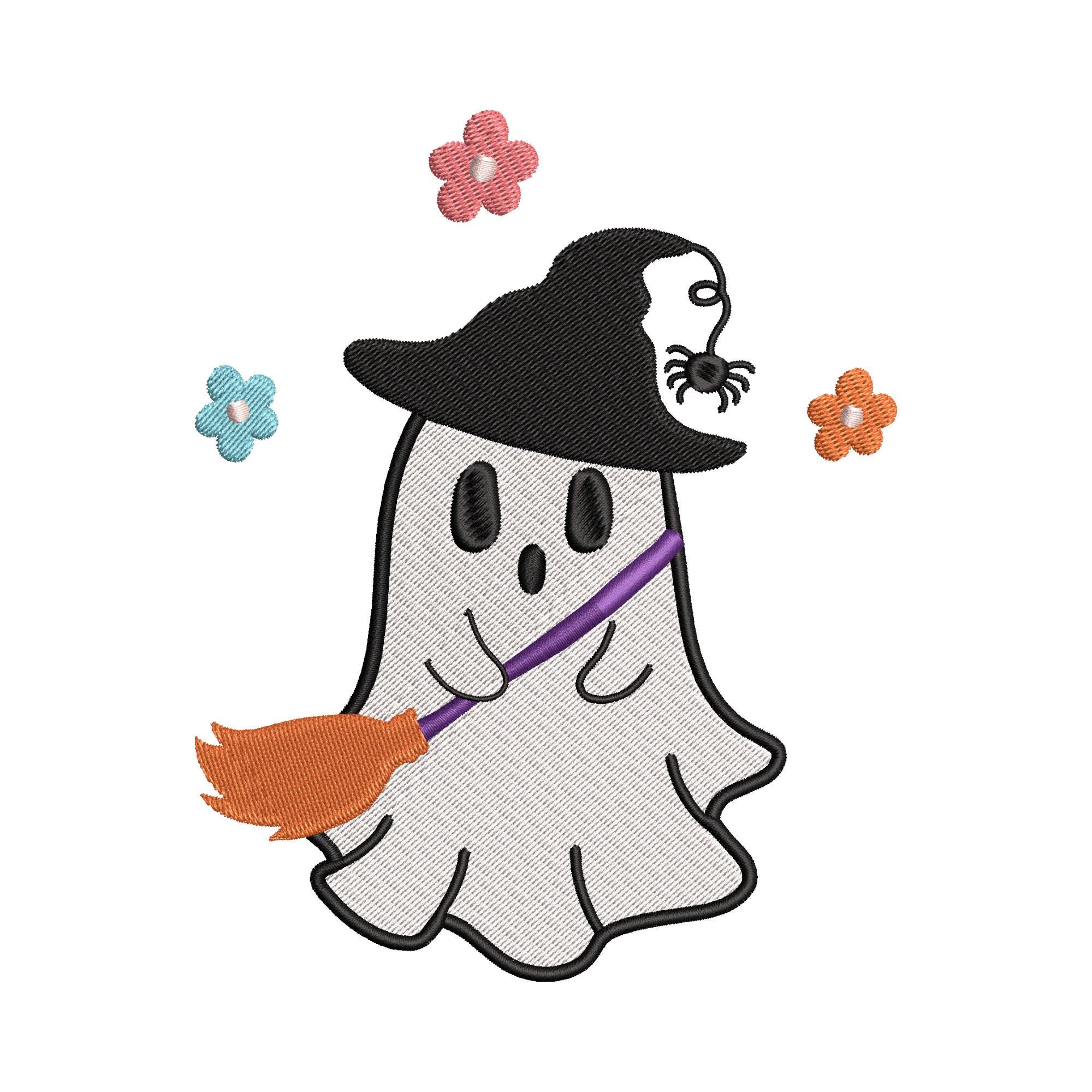 Floral Halloween Ghost Embroidery Design – Cute Ghost with Broomstick Machine Embroidery File