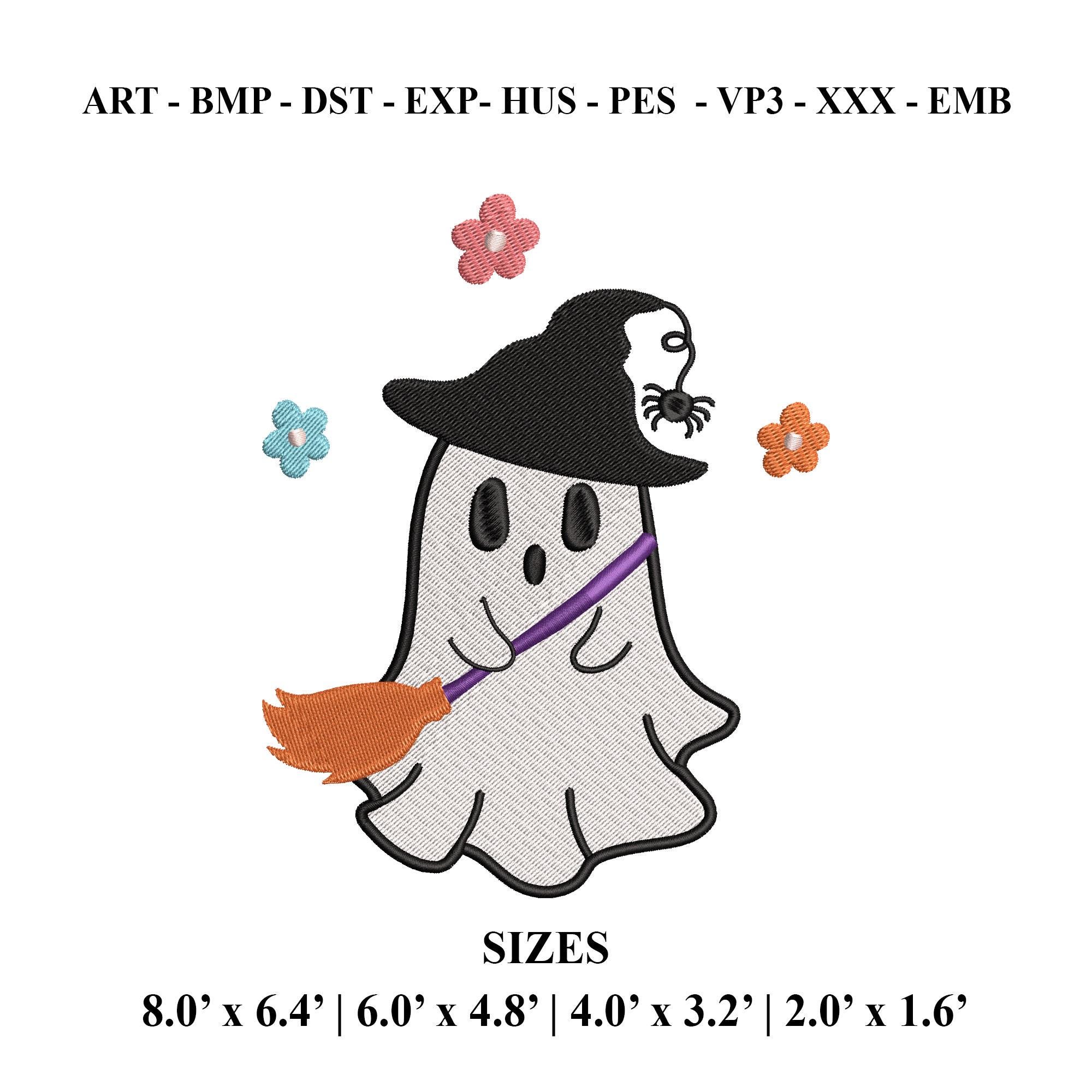 Floral Halloween Ghost Embroidery Design – Cute Ghost with Broomstick Machine Embroidery File - Image 2
