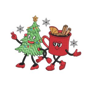 Retro Christmas Tree and Coffee Cup Embroidery Design – Tis the Season Machine Embroidery File