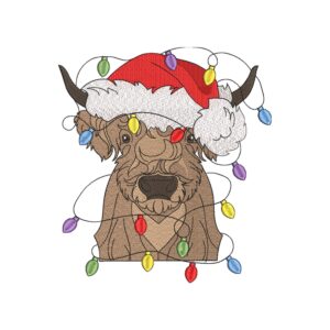 Christmas Highland Cow Embroidery Design – Merry Christmas Lights Machine Embroidery File