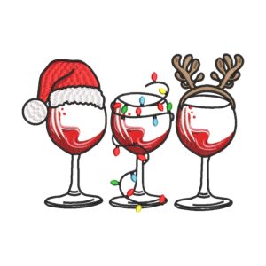 Christmas Wine Glass Embroidery Design – Santa Hat and Lights Machine Embroidery File
