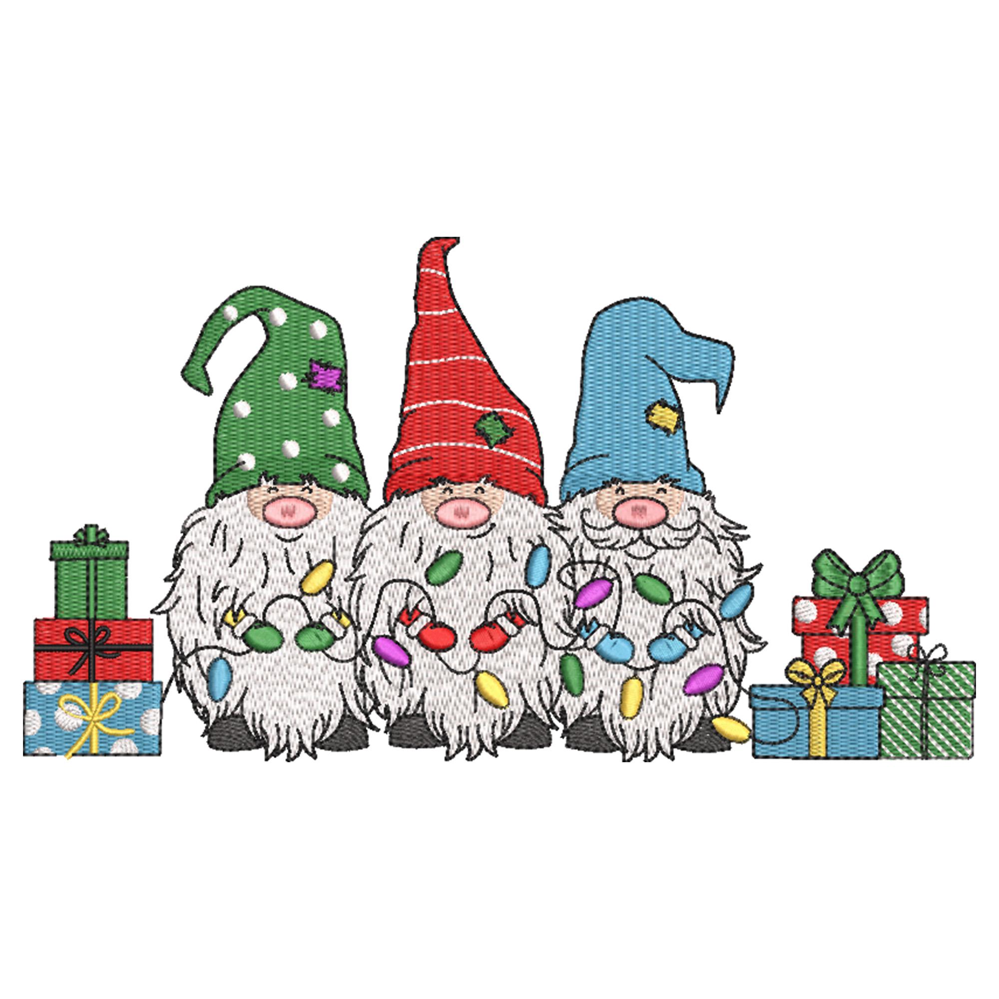 Santa Gnomes with Christmas Lights Embroidery Design – Holiday Machine Embroidery File