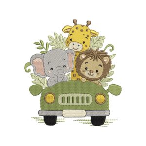 Safari Animals in a Car Embroidery Design – Elephant, Lion & Giraffe Machine Embroidery File