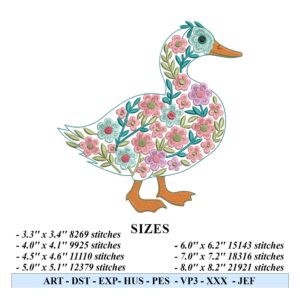 Floral Duck Embroidery Design – Boho Farm Animal Machine Embroidery File