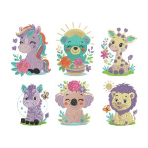 Safari Baby Animals Embroidery Design Bundle – Giraffe, Zebra, Lion, Koala, Bear & Horse