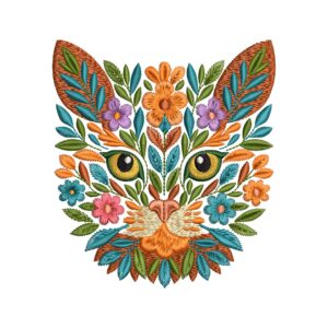 Floral Cat Embroidery Design – Boho Botanical Animal Machine Embroidery File