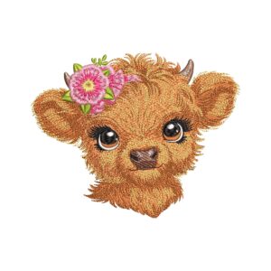 Baby Highland Cow with Pink Flowers Embroidery Design – Girl Farm Animal Machine Embroidery File