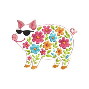 Floral Pig Embroidery Design with Sunglasses – Summer Farm Animal Machine Embroidery File