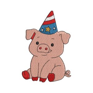 4th of July Pig Embroidery Design – Patriotic Piglet with Party Hat Machine Embroidery File