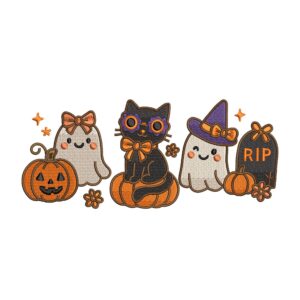 Halloween Cat Ghost and Pumpkin Embroidery Design – Spooky Tombstone Machine Embroidery File